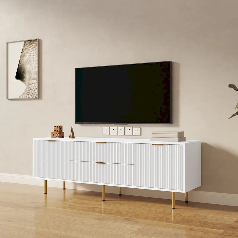 Meuble TV blanc de 160 cm avec 2 tiroirs à fermeture douce et surface brillante, assemblage par 1 personne
