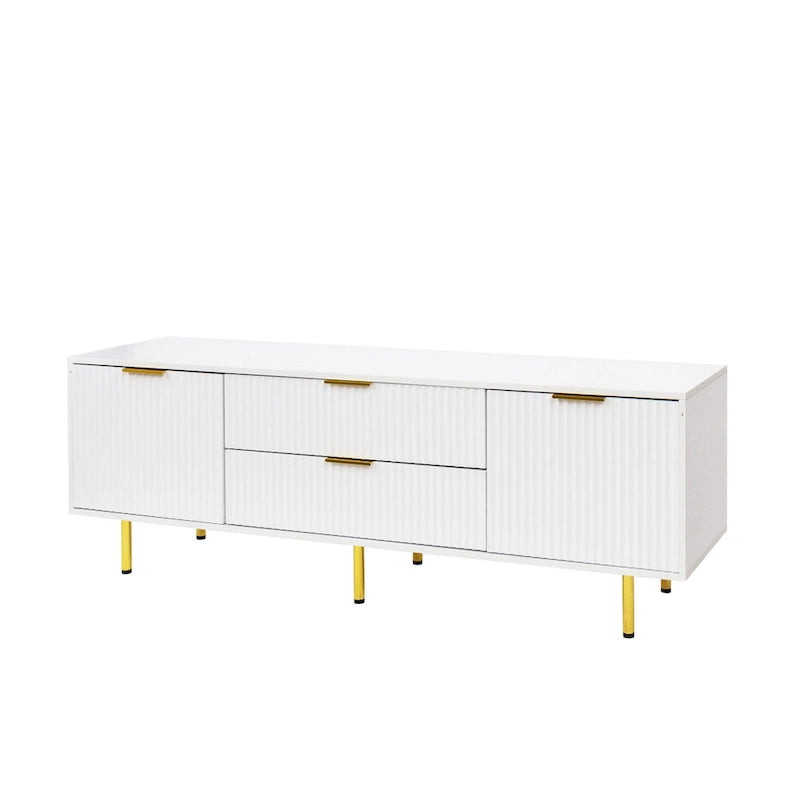 Meuble TV blanc de 160 cm avec 2 tiroirs à fermeture douce et surface brillante, assemblage par 1 personne