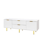 Meuble TV blanc de 160 cm avec 2 tiroirs à fermeture douce et surface brillante, assemblage par 1 personne