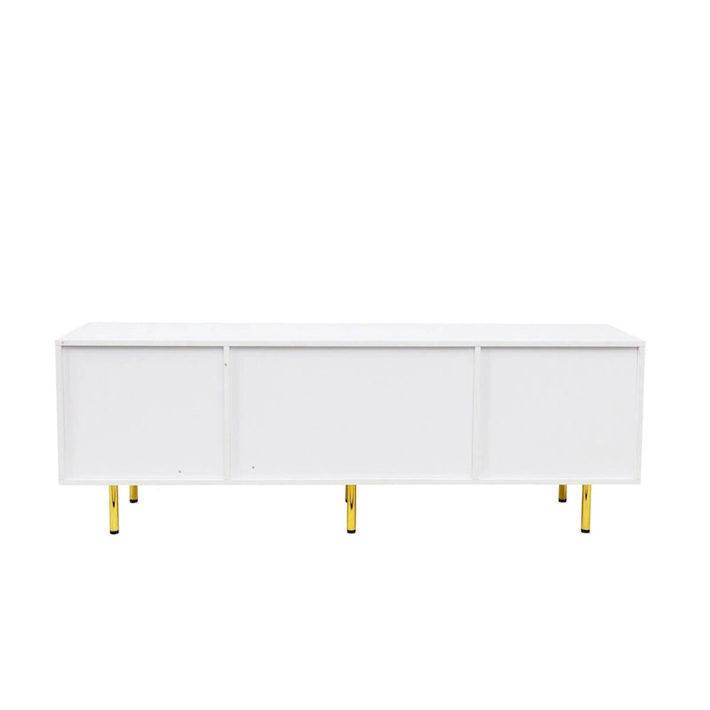 Meuble TV blanc de 160 cm avec 2 tiroirs à fermeture douce et surface brillante, assemblage par 1 personne