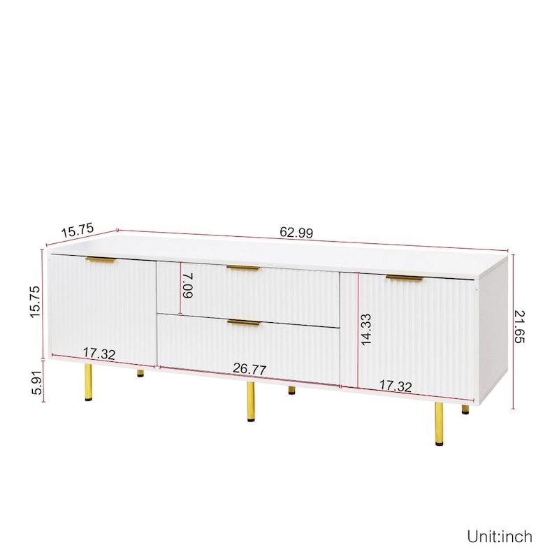 Meuble TV blanc de 160 cm avec 2 tiroirs à fermeture douce et surface brillante, assemblage par 1 personne