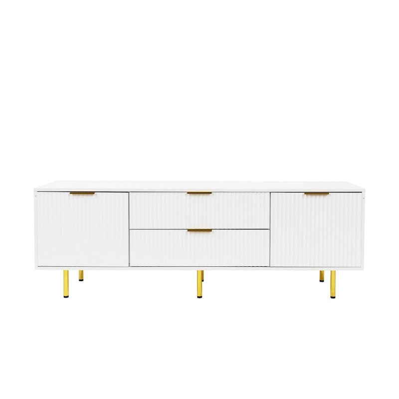 Meuble TV blanc de 160 cm avec 2 tiroirs à fermeture douce et surface brillante, assemblage par 1 personne