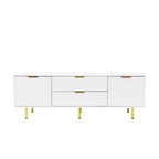 Meuble TV blanc de 160 cm avec 2 tiroirs à fermeture douce et surface brillante, assemblage par 1 personne