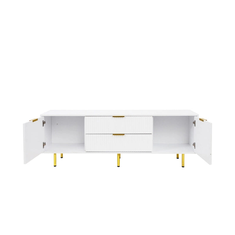Meuble TV blanc de 160 cm avec 2 tiroirs à fermeture douce et surface brillante, assemblage par 1 personne