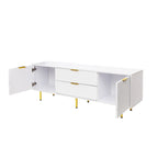 Meuble TV blanc de 160 cm avec 2 tiroirs à fermeture douce et surface brillante, assemblage par 1 personne