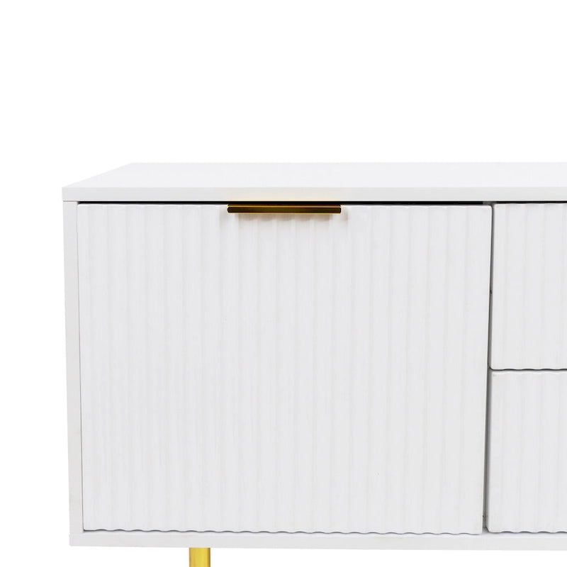 Meuble TV blanc de 160 cm avec 2 tiroirs à fermeture douce et surface brillante, assemblage par 1 personne