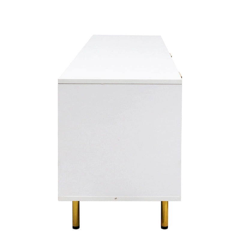 Meuble TV blanc de 160 cm avec 2 tiroirs à fermeture douce et surface brillante, assemblage par 1 personne