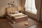 Wood Storage Platform Bed with 4 Drawers and Rattan Headboard