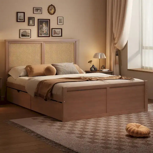 Lit plateforme en pin antique naturel / espresso antique avec tête de lit en rotin et 4 tiroirs de rangement, lit double / grand, assemblage par 2 personnes