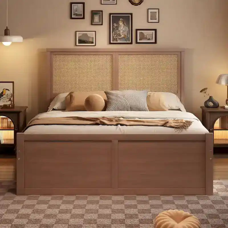 Lit plateforme en pin antique naturel / espresso antique avec tête de lit en rotin et 4 tiroirs de rangement, lit double / grand, assemblage par 2 personnes