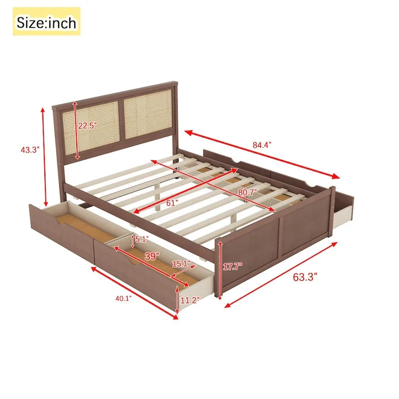 Lit plateforme en pin antique naturel / espresso antique avec tête de lit en rotin et 4 tiroirs de rangement, lit double / grand, assemblage par 2 personnes