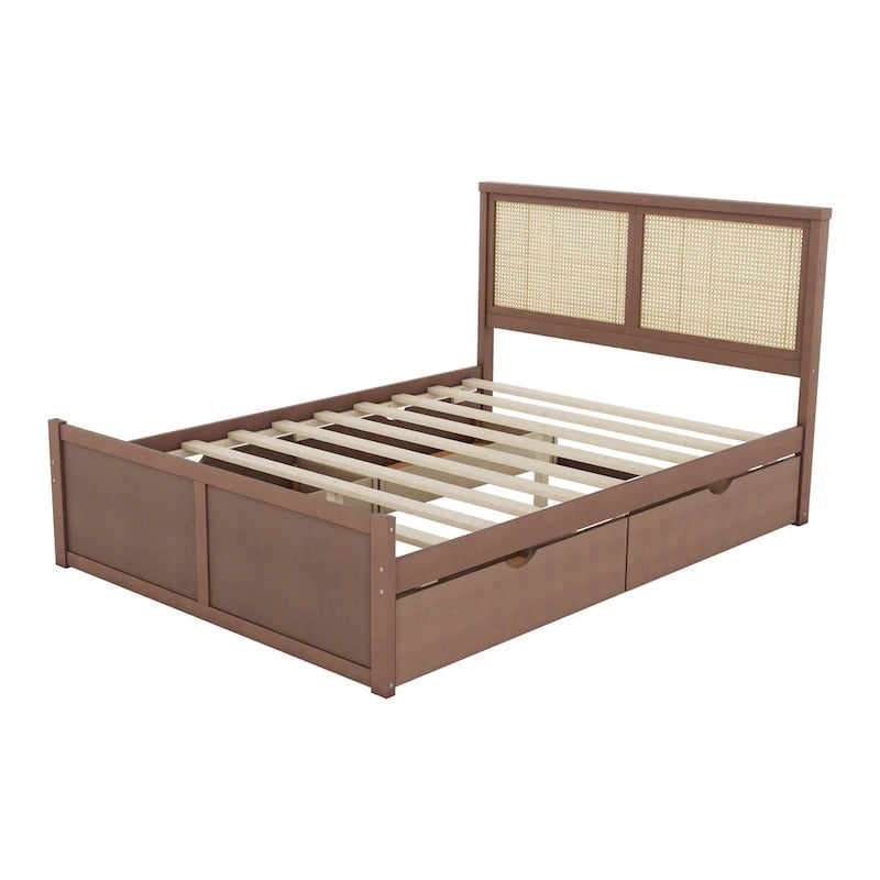 Lit plateforme en pin antique naturel / espresso antique avec tête de lit en rotin et 4 tiroirs de rangement, lit double / grand, assemblage par 2 personnes