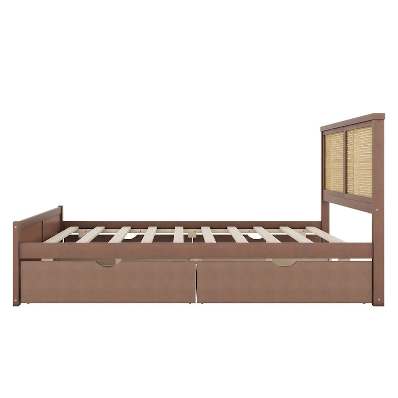 Lit plateforme en pin antique naturel / espresso antique avec tête de lit en rotin et 4 tiroirs de rangement, lit double / grand, assemblage par 2 personnes