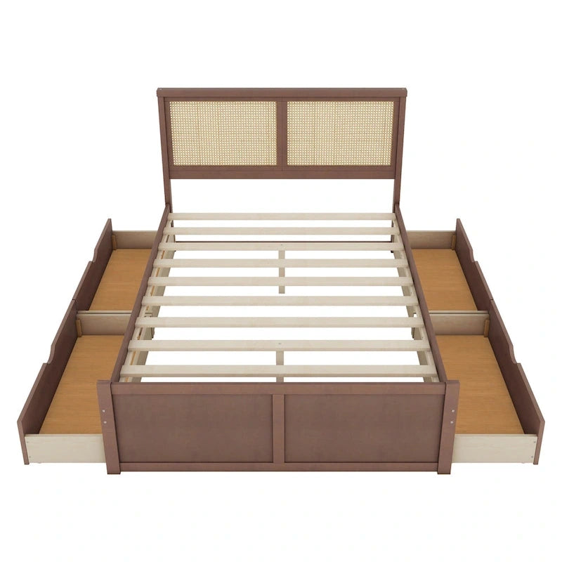 Lit plateforme en pin antique naturel / espresso antique avec tête de lit en rotin et 4 tiroirs de rangement, lit double / grand, assemblage par 2 personnes