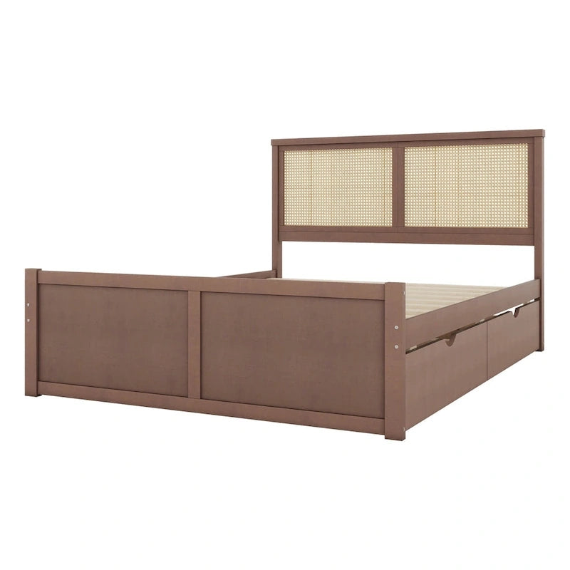 Lit plateforme en pin antique naturel / espresso antique avec tête de lit en rotin et 4 tiroirs de rangement, lit double / grand, assemblage par 2 personnes