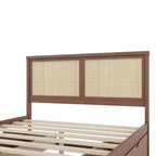 Lit plateforme en pin antique naturel / espresso antique avec tête de lit en rotin et 4 tiroirs de rangement, lit double / grand, assemblage par 2 personnes
