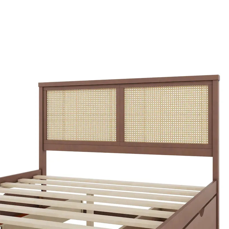Lit plateforme en pin antique naturel / espresso antique avec tête de lit en rotin et 4 tiroirs de rangement, lit double / grand, assemblage par 2 personnes