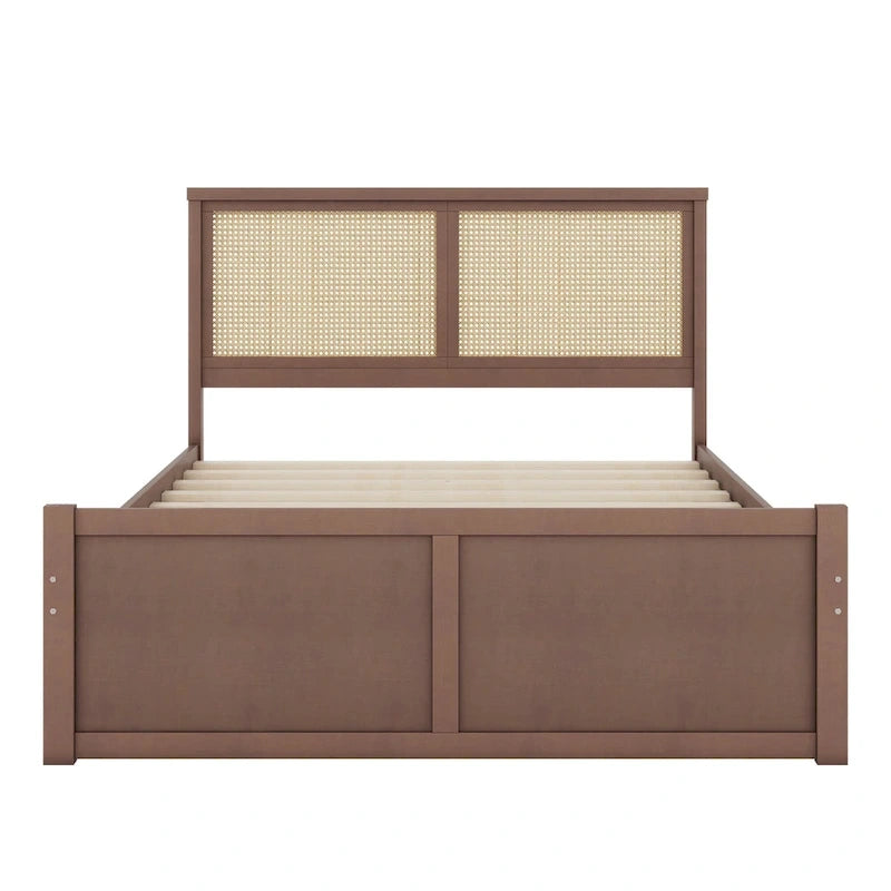 Lit plateforme en pin antique naturel / espresso antique avec tête de lit en rotin et 4 tiroirs de rangement, lit double / grand, assemblage par 2 personnes