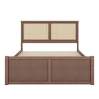 Lit plateforme en pin antique naturel / espresso antique avec tête de lit en rotin et 4 tiroirs de rangement, lit double / grand, assemblage par 2 personnes