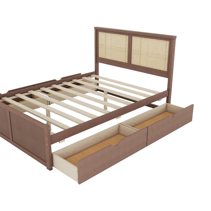 Lit plateforme en pin antique naturel / espresso antique avec tête de lit en rotin et 4 tiroirs de rangement, lit double / grand, assemblage par 2 personnes