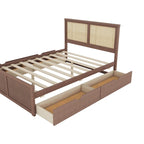 Lit plateforme en pin antique naturel / espresso antique avec tête de lit en rotin et 4 tiroirs de rangement, lit double / grand, assemblage par 2 personnes