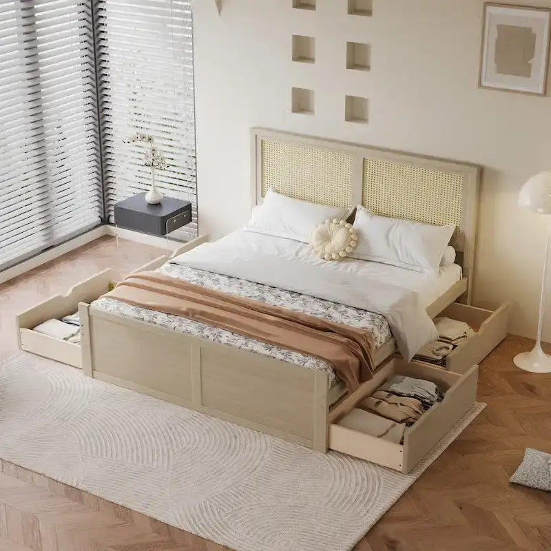 Lit plateforme en pin antique naturel / espresso antique avec tête de lit en rotin et 4 tiroirs de rangement, lit double / grand, assemblage par 2 personnes