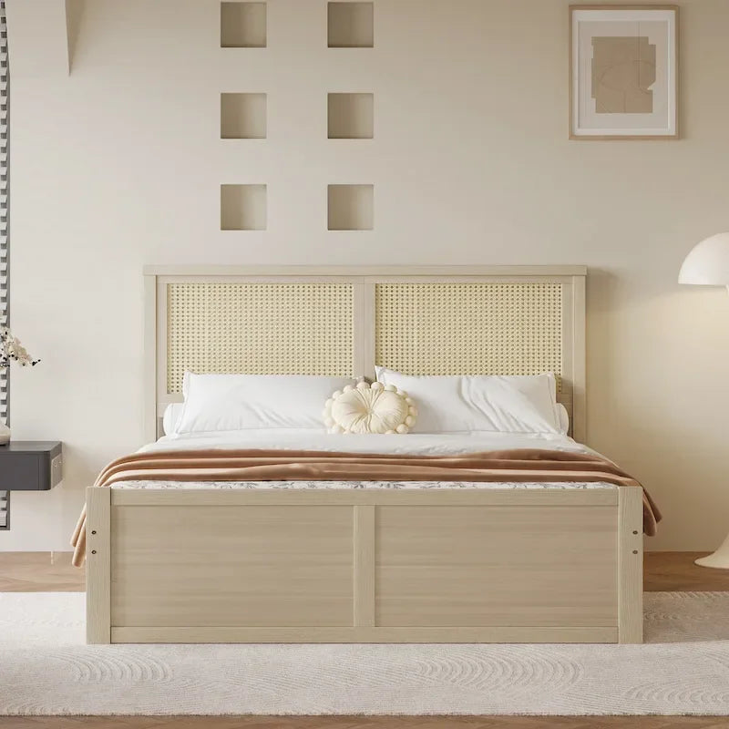 Lit plateforme en pin antique naturel / espresso antique avec tête de lit en rotin et 4 tiroirs de rangement, lit double / grand, assemblage par 2 personnes