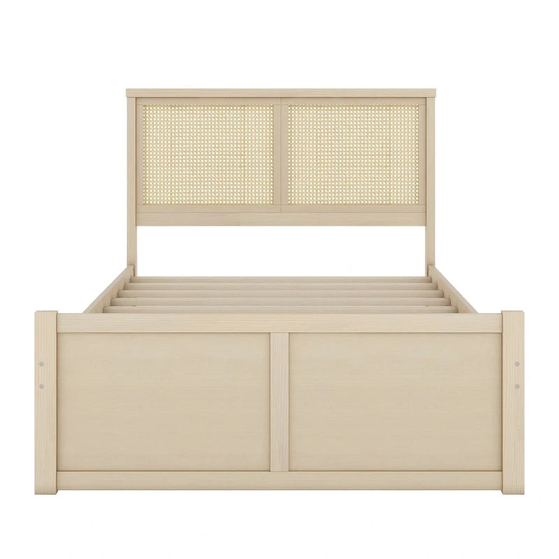 Lit plateforme en pin antique naturel / espresso antique avec tête de lit en rotin et 4 tiroirs de rangement, lit double / grand, assemblage par 2 personnes