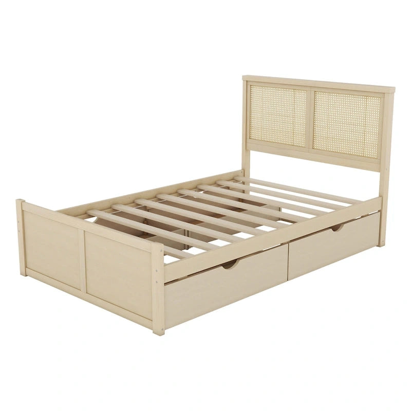Lit plateforme en pin antique naturel / espresso antique avec tête de lit en rotin et 4 tiroirs de rangement, lit double / grand, assemblage par 2 personnes