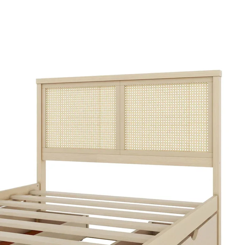 Lit plateforme en pin antique naturel / espresso antique avec tête de lit en rotin et 4 tiroirs de rangement, lit double / grand, assemblage par 2 personnes