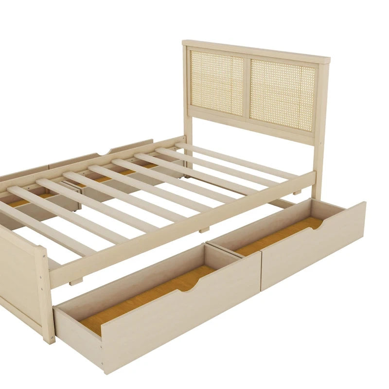 Lit plateforme en pin antique naturel / espresso antique avec tête de lit en rotin et 4 tiroirs de rangement, lit double / grand, assemblage par 2 personnes