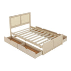 Lit plateforme en pin antique naturel / espresso antique avec tête de lit en rotin et 4 tiroirs de rangement, lit double / grand, assemblage par 2 personnes