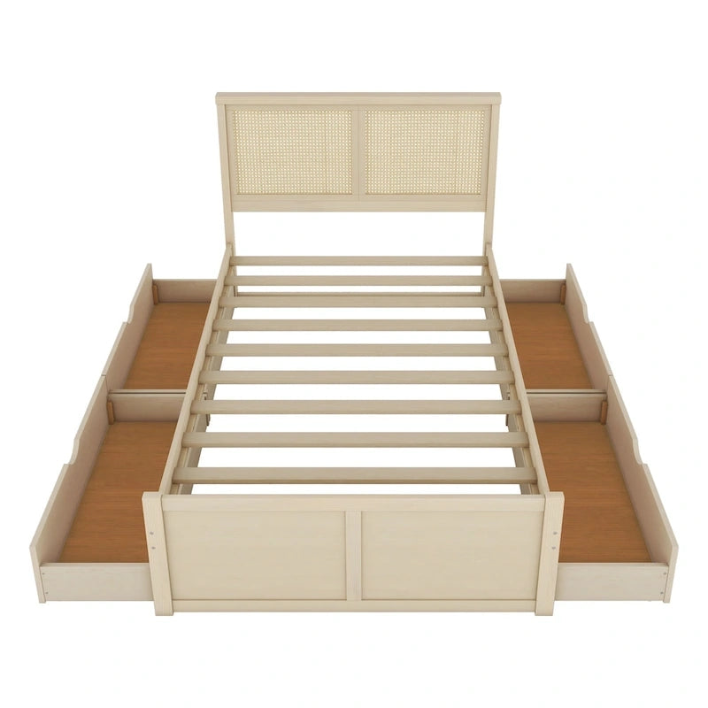 Lit plateforme en pin antique naturel / espresso antique avec tête de lit en rotin et 4 tiroirs de rangement, lit double / grand, assemblage par 2 personnes