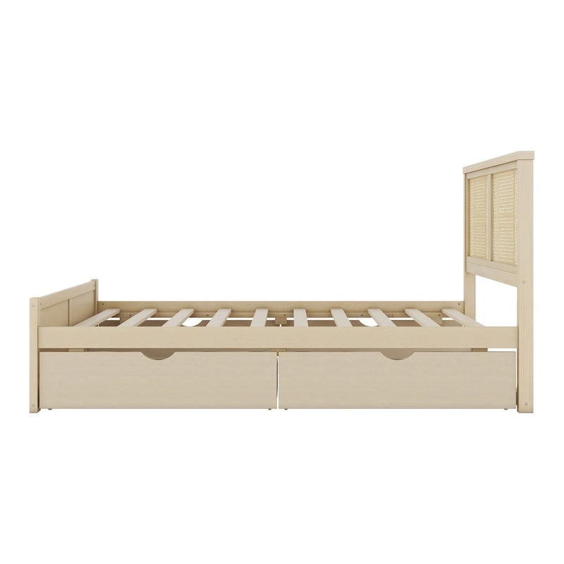 Lit plateforme en pin antique naturel / espresso antique avec tête de lit en rotin et 4 tiroirs de rangement, lit double / grand, assemblage par 2 personnes