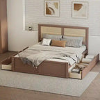 Lit plateforme en pin antique naturel / espresso antique avec tête de lit en rotin et 4 tiroirs de rangement, lit double / grand, assemblage par 2 personnes