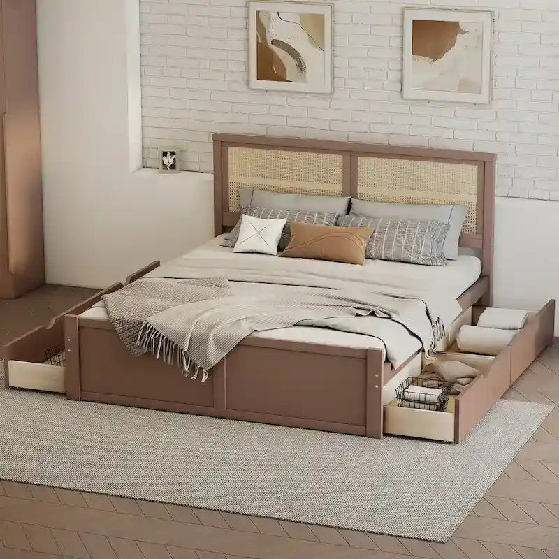 Lit plateforme en pin antique naturel / espresso antique avec tête de lit en rotin et 4 tiroirs de rangement, lit double / grand, assemblage par 2 personnes