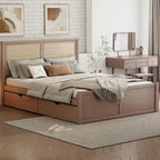 Lit plateforme en pin antique naturel / espresso antique avec tête de lit en rotin et 4 tiroirs de rangement, lit double / grand, assemblage par 2 personnes