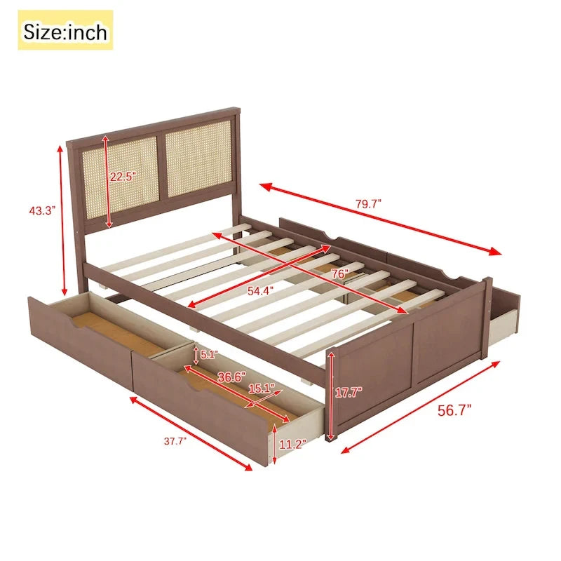 Lit plateforme en pin antique naturel / espresso antique avec tête de lit en rotin et 4 tiroirs de rangement, lit double / grand, assemblage par 2 personnes