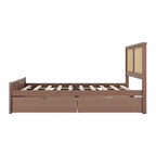 Lit plateforme en pin antique naturel / espresso antique avec tête de lit en rotin et 4 tiroirs de rangement, lit double / grand, assemblage par 2 personnes