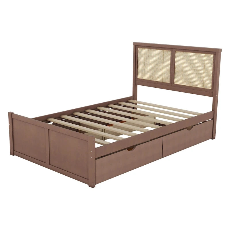 Lit plateforme en pin antique naturel / espresso antique avec tête de lit en rotin et 4 tiroirs de rangement, lit double / grand, assemblage par 2 personnes