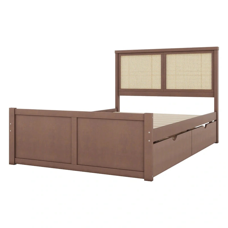Lit plateforme en pin antique naturel / espresso antique avec tête de lit en rotin et 4 tiroirs de rangement, lit double / grand, assemblage par 2 personnes