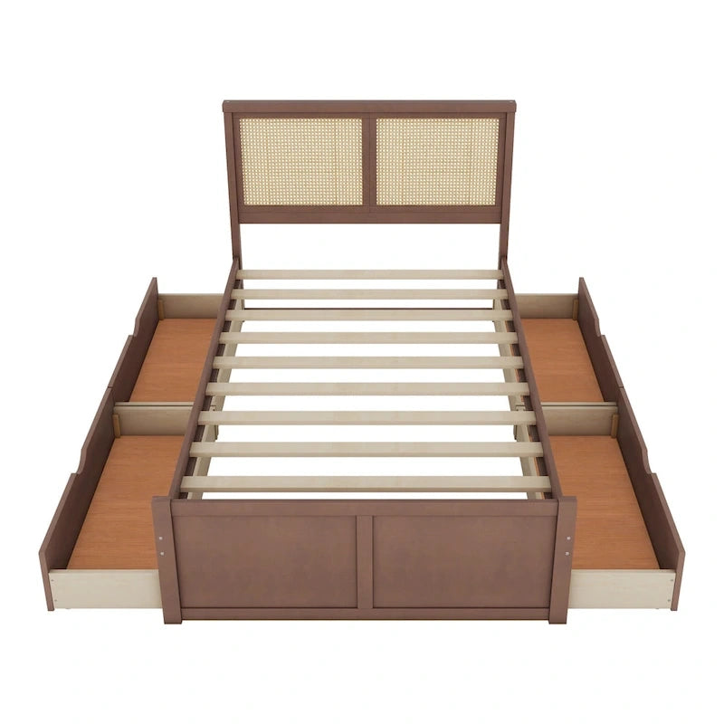 Lit plateforme en pin antique naturel / espresso antique avec tête de lit en rotin et 4 tiroirs de rangement, lit double / grand, assemblage par 2 personnes