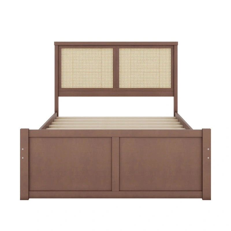 Lit plateforme en pin antique naturel / espresso antique avec tête de lit en rotin et 4 tiroirs de rangement, lit double / grand, assemblage par 2 personnes