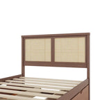 Lit plateforme en pin antique naturel / espresso antique avec tête de lit en rotin et 4 tiroirs de rangement, lit double / grand, assemblage par 2 personnes
