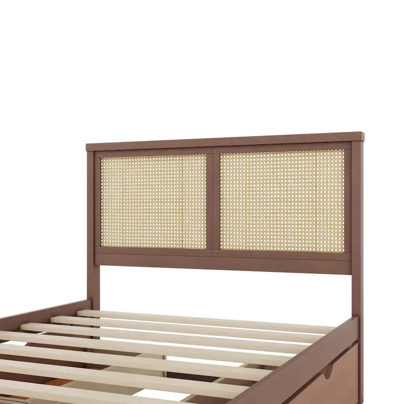 Lit plateforme en pin antique naturel / espresso antique avec tête de lit en rotin et 4 tiroirs de rangement, lit double / grand, assemblage par 2 personnes
