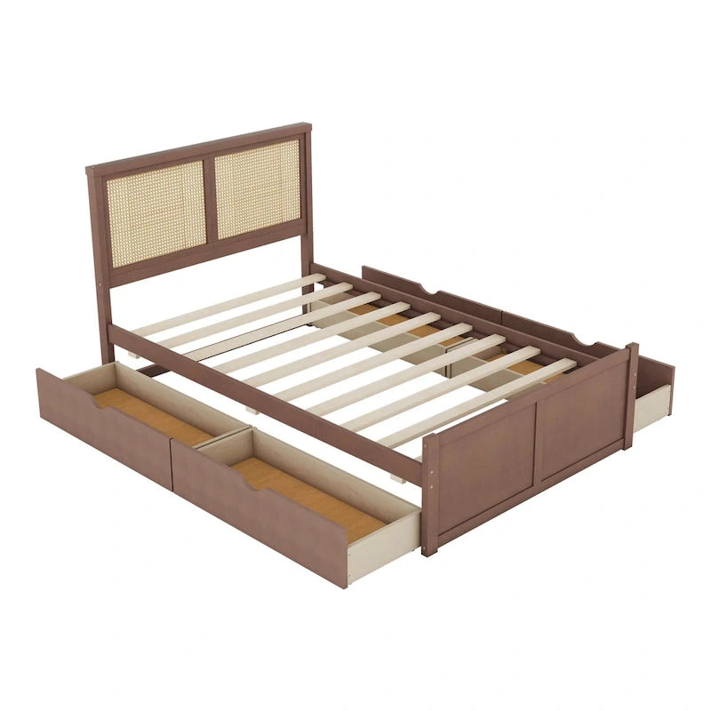 Lit plateforme en pin antique naturel / espresso antique avec tête de lit en rotin et 4 tiroirs de rangement, lit double / grand, assemblage par 2 personnes