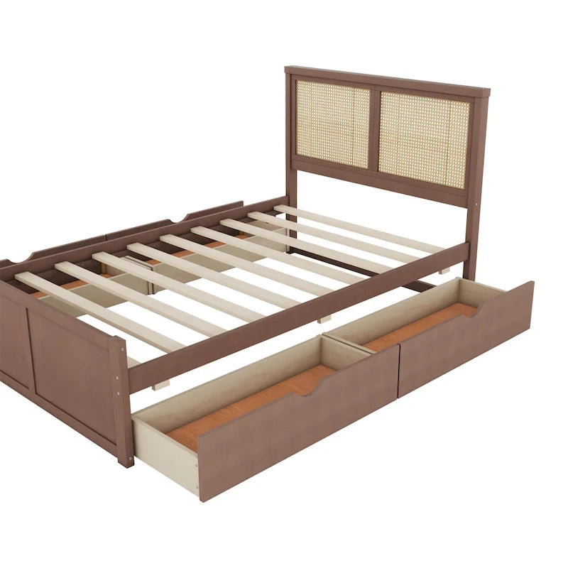 Lit plateforme en pin antique naturel / espresso antique avec tête de lit en rotin et 4 tiroirs de rangement, lit double / grand, assemblage par 2 personnes