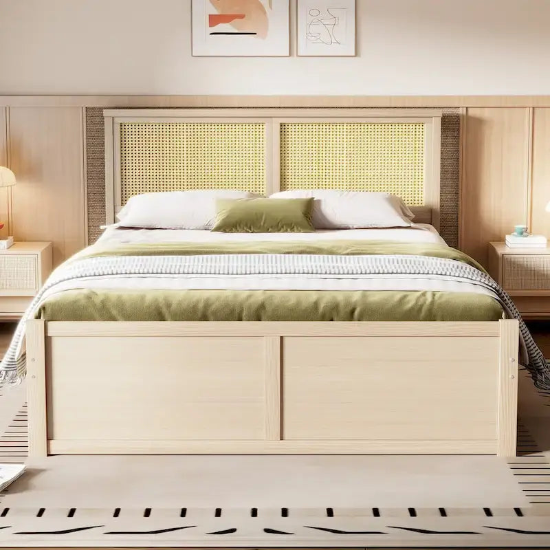 Lit plateforme en pin antique naturel / espresso antique avec tête de lit en rotin et 4 tiroirs de rangement, lit double / grand, assemblage par 2 personnes