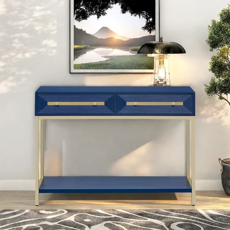 Console Rétro Naturel / Noir / Marine avec Accents Dorés et 2 Tiroirs, Montage par 1 Personne