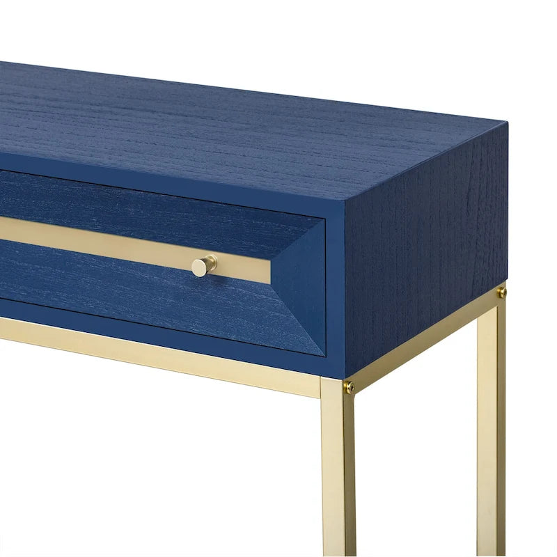 Console Rétro Naturel / Noir / Marine avec Accents Dorés et 2 Tiroirs, Montage par 1 Personne